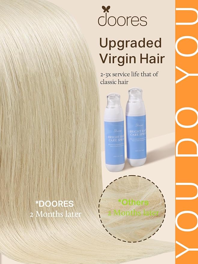 DOORES Hair Extensions Tape in Human Hair, Platinum Blonde 18 Inch 25g 10pcs, Tape in Human Hair Extensions Skin Weft Real Straight Natural Remy Hair