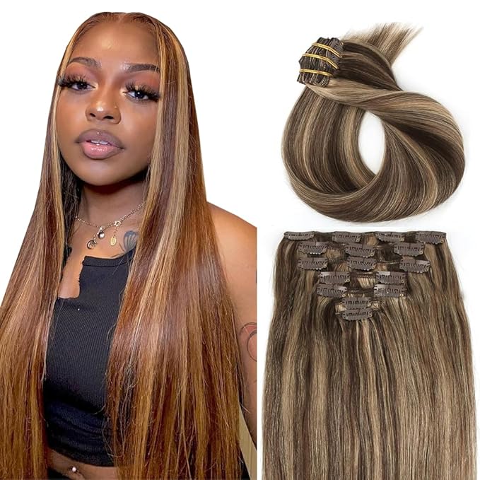 12 Inch P4/27 Blonde Clip in Hair Extensions - Real Remy Human Hair, 120g 7pcs, Highlight Blonde Human Hair Extensions Clip ins for Women