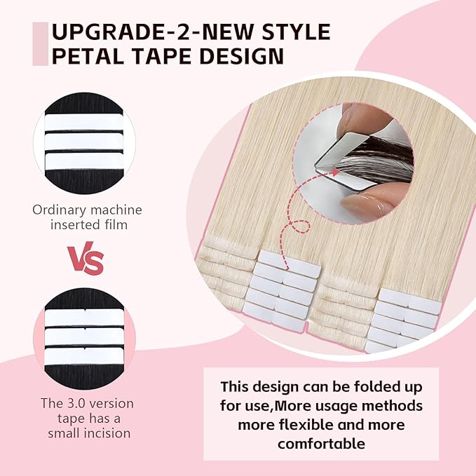 3rd-Generation Pro3.0 Invisible Tape in Hair Extensions Human Hair #60 Platinum Blonde 20pcs 40g 18inch Seamless Insert Hand-Tied Invisi Edge Tape ins Extensions（#60-18inch）