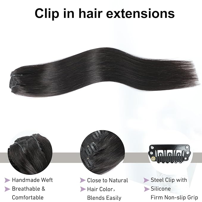 Clip in Hair Extensions Real Human Hair Natural Black 20 inch 7pcs 80g/Pack, Human Hair Clip in Extensions, Salon-Grade Quality, Easy Comfort Wear for Women (#1B, 20 inch)