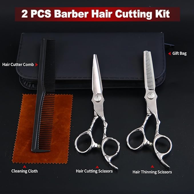 Hair Cutting Scissors kit Professional Home Hair cutting Barber Grooming Thinning Shears Set 440C Stainless Steel Hair Cutting Scissors Shears Kit (Silver)