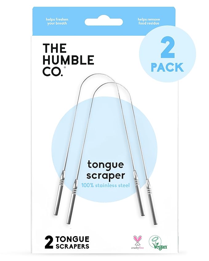 The Humble Co Tongue Scraper for Adults & Kids, 2 Pack - 100% Stainless Steel Tongue Cleaner Helps Eliminate Bad Breath & Bacteria - Dental Oral Care Products & Personal Hygiene Essentials