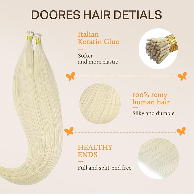 DOORES I Tip Hair Extensions Human Hair,14 Inch 100g 200s Itip Human Hair Extensions, Platinum Blonde I Tip Hair Extensions,Virgin Human Hair Extensions