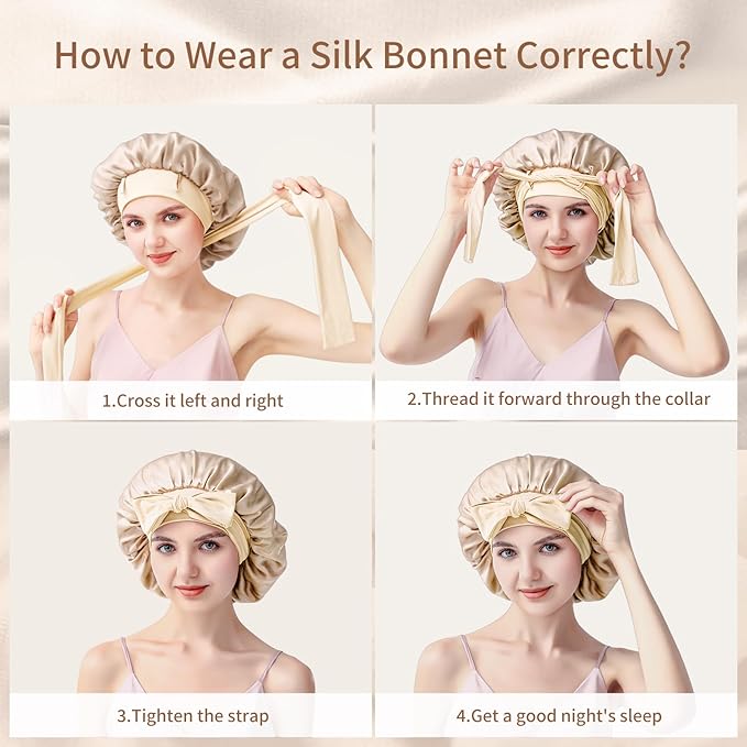 Silk Bonnet for Sleeping Women, 22 Momme 100% Mulberry Silk Sleep Cap, Double-Layer Reversible Silk Hair Wrap for Women & Night Hair Care, Fits All Hair Types – Champagne