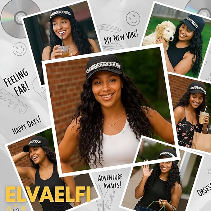 18-Inch Long Black Wig Hat, Synthetic Wavy Curly Wigs, Baseball Cap with Hair Extensions for Women