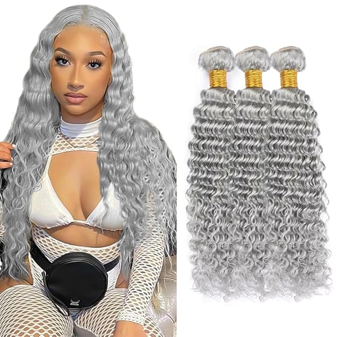Gray Bundles Human Hair 30 32 34 Inch Silver Deep Wave Bundle Brazilian Unprocessed Virgin Hair 3 Bundles Light Grey Bundle