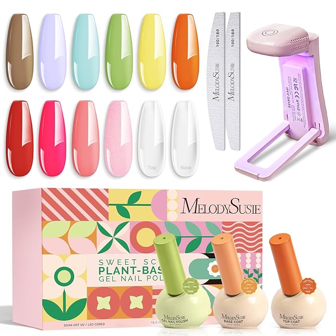 MelodySusie Highly Pigmented Gel Nail Polish Set with Mini UV Light, Plant-Based Formula, 10 Dopamine Colors + 2 Glassy Top & Base Coat, 16.5ml Tilt-and-Stand Bottle, Gift for Nail Art at Home
