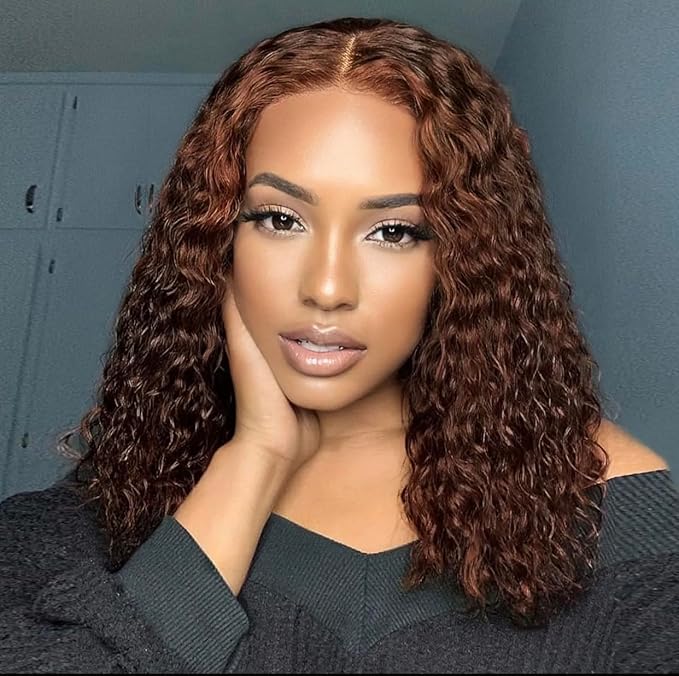 13x4 Chocolate Brown Lace Front Wigs Human Hair 12 Inch HD 4# Colored Kinky Curly Bob Dark Brown Wig Human Hair Pre Plucked for Black Women 150% Density