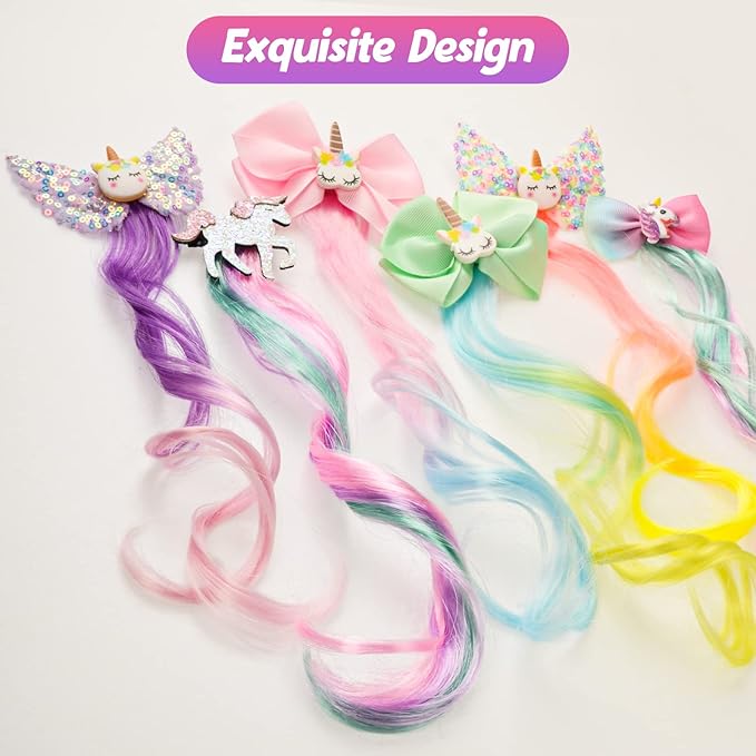 Ideal Swan 6 Set Unicorn Hair Extensions Clip - Colorful Curly Hair Extensions for Girls, Cute Unicorn Accessories Hair Clips for Kids Ponytails, Rainbow Thick Wig Clip in Fake Bangs (Curly Hair)