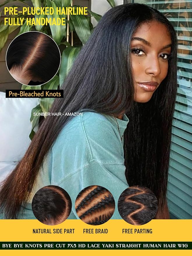 Sunber Yaki Straight Human Hair Bye Bye Knots Pre Cut 7x5 Lace Front Wigs with Drawstring Upgrade 3D Cap Put On and Go 3S Wear Glueless Yaki Wigs Pre Plucked Pre Bleached Invisible Knots 16Inch