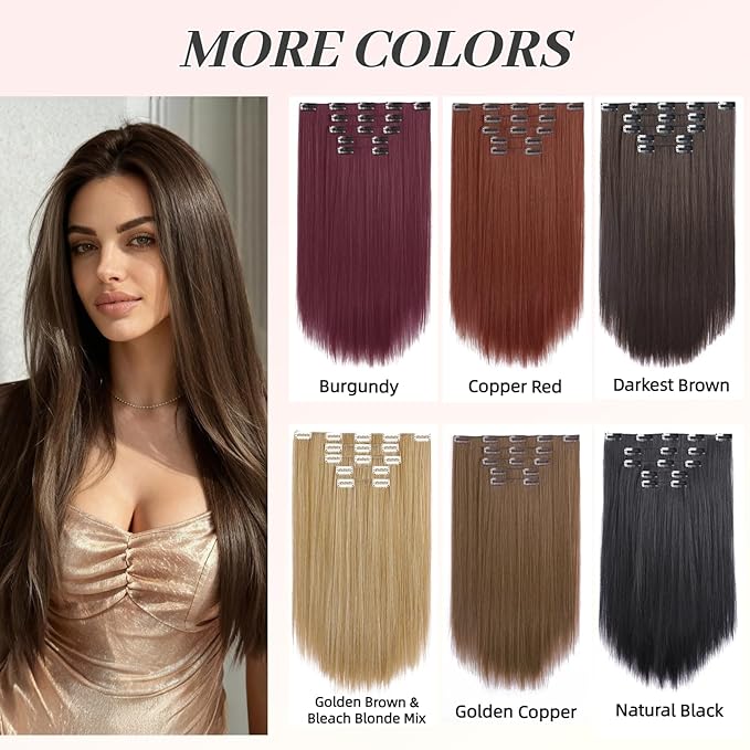 Dark Brown Clip in Extensions 18 Inch Invisible Long Synthetic Extension 5PCS Straight Fake Soft and Not Easily Knotted Clips on Hair Pieces for Women Grils Weddings Party Daily Use 6.5 Oz