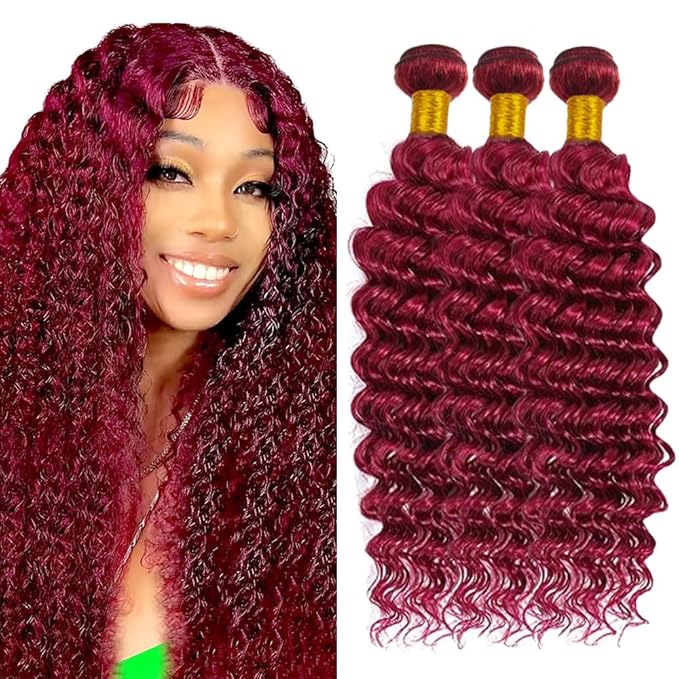 99J Human Hair Bundles Burgundy Deep Wave 3 Bundles 24 26 28 Inch 150g Double Weft Brazilian Unprocessed Virgin Human Hair Extensions for Women