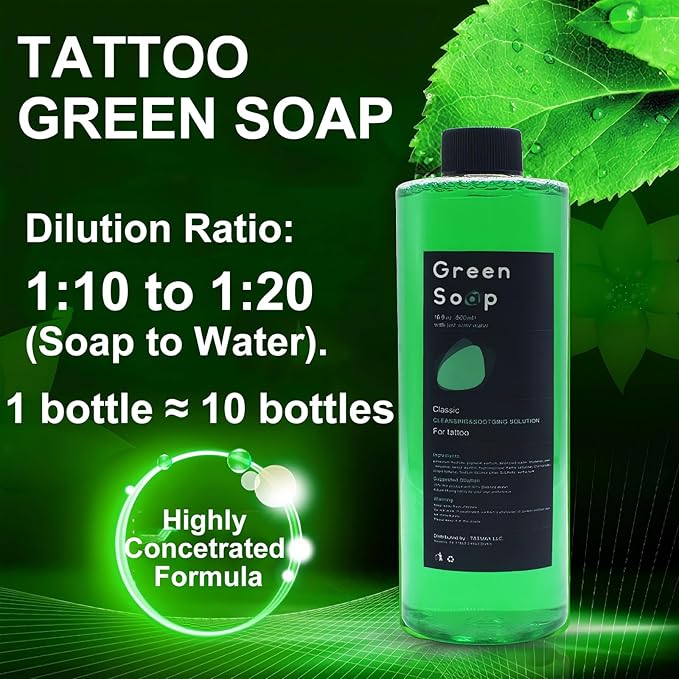16.9oz Green Soap Kit, Urknall Ultra Concentrated 16.9oz Tattoo Green Soap with 8oz Squeeze Bottle, Green Soap for Tattooing & Piercing Care, Gentle Vegan Formula for Professional Tattoo Supplies