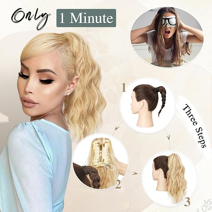 SOFEIYAN 14" Ponytail Extension, Short Wavy Claw Clip in Ponytail Hair Extension Synthetic Hairpieces Golden Brown to Ash Brown Layered Natural Fluffy Curly Drawstring Ponytail Hair Piece for Women
