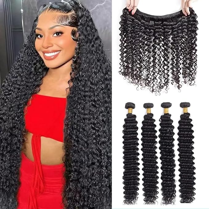 12A Human Hair Bundles Deep Wave 100% Unprocessed Brazilian Virgin Hair 4 Bundles Deep Curly Human Hair Extensions Quick Weave Human Hair (4 Bundlles Natural black, 18 20 22 24 Inch)