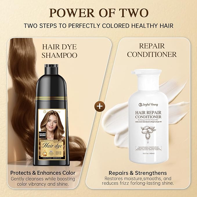 Natural Color Hair Dye Shampoo 3 IN 1, Instant Hair Coloring, Gray Coverage for Men & Women, Beard Dye Vegan Ammonia Free & Paraben-Free, Champú Para Canas Mujer & Hombre (GOLDEN BROWN)