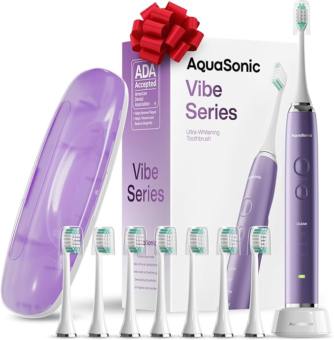 Aquasonic Vibe Series Ultra-Whitening Toothbrush – ADA Accepted Electric Toothbrush - 8 Brush Heads & Travel Case – 40,000 VPM Motor & Wireless Charging - 4 Modes w Smart Timer – Satin Violet