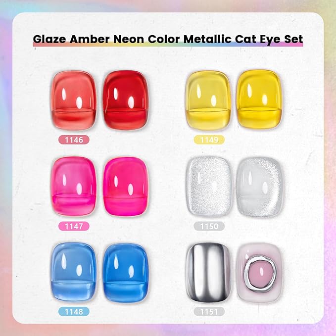 RARJSM Glaze Glass Metallic Cat Eye Gel Nail Polish Set Neon Amber Colors Bright Red Blue Yellow Rose Purple with Diamond Silver Cateye Metallic Silver Gelpolish UV LED Curing Requires Home Salon Diy