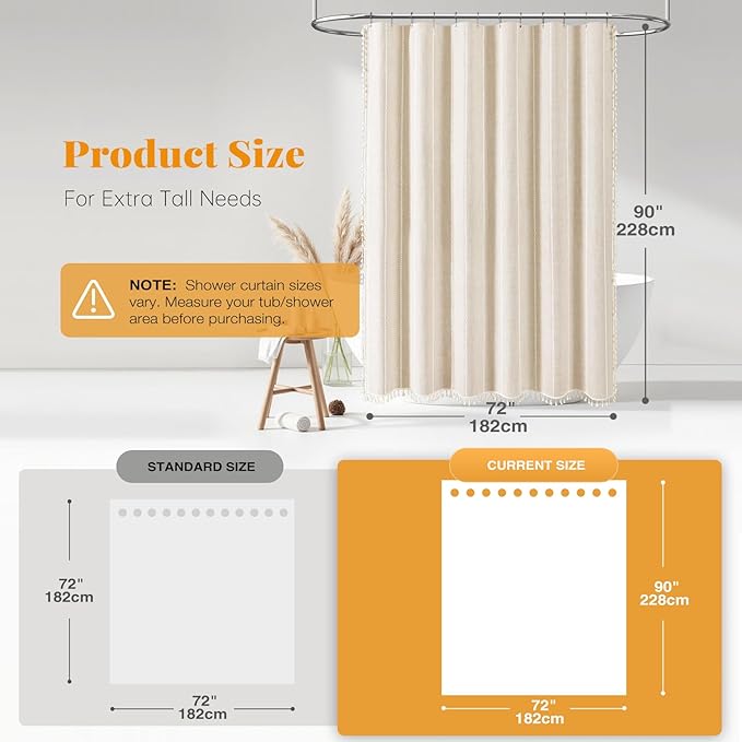 BTTN Extra Long Shower Curtain - 72x90 Striped Boho Linen Fabric Heavy Duty Shower Curtain Set with 12 Plastic Hook, Bohemian Farmhouse Luxury Tassel Cloth Shower Curtain for Bathroom, Cream/Beige