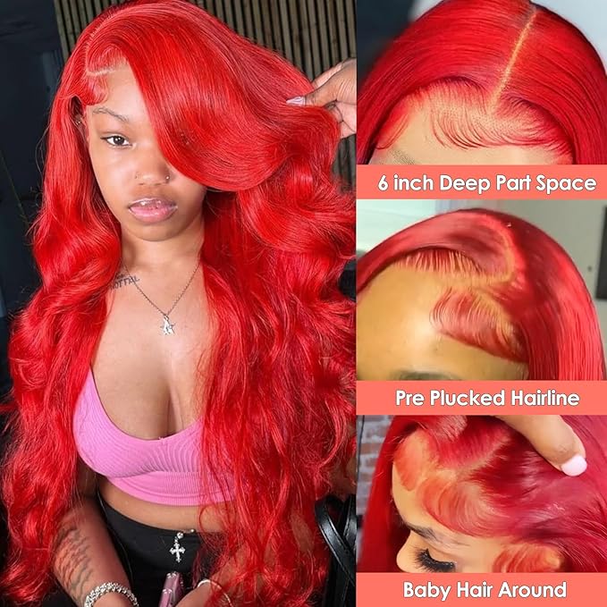 Red 13X6 Lace Front Wigs Human Hair 200 Density HD Transparent Body Wave Lace Front Wigs Human Hair Body Wave Wig Red HD Lace Frontal Colored Wig 13x6 for Black Women 34 Inch
