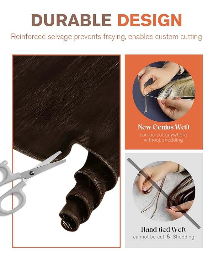 Sunny Hair Genius Weft Sew in Hair Extensions Real Human Hair Brown Genius Weft Hair Extensions Human Hair Hand Tied Hair Extensions For Women Brown Human Hair Bundles Straight Hair 20 Inch 70G