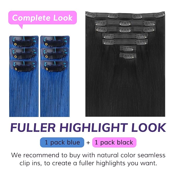 IDN BEAUTY Seamless Clip In Hair Extensions Real Human Hair, 20 Inch 40g 6Pcs Blue Straight Seamless Clip Ins For Black Women Colored Hair Extensions PU Weft Invisible Edge
