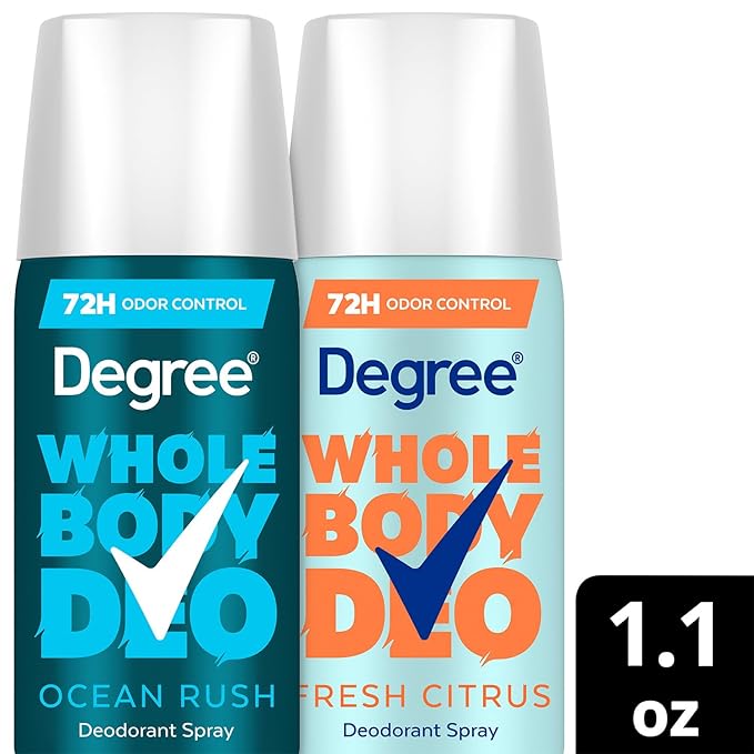 Degree Whole Body Deo Spray Variety 2-Pack – Aluminum-Free Deodorant for Women (Fresh Citrus) & Men (Ocean Rush), Travel-Size, 1.1 Oz Ea