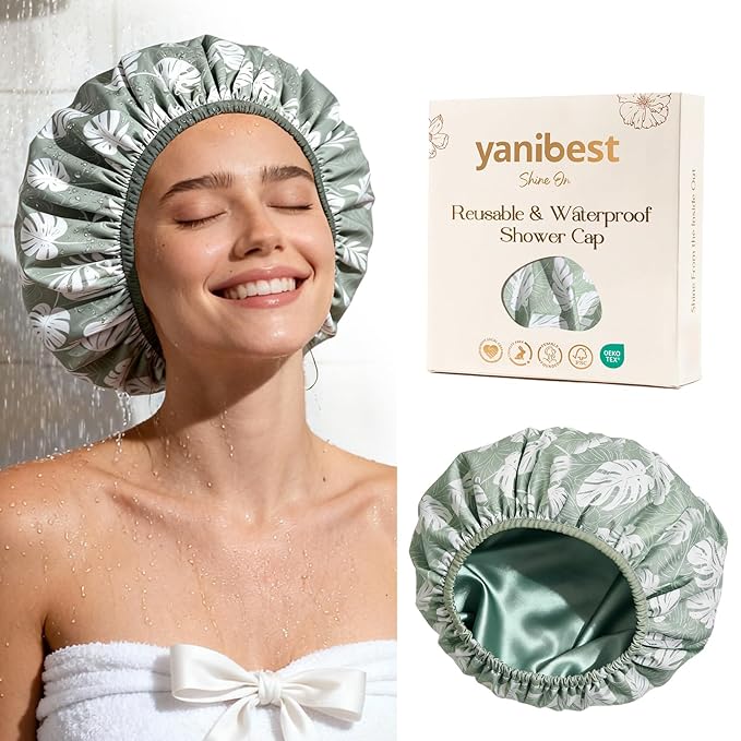 Yanibest Shower Cap for Women - Hair Satin Bonnet Shower Cap for Women Waterproof Extra Large Double Layer Reusable Adjustable for Braids Long Hair
