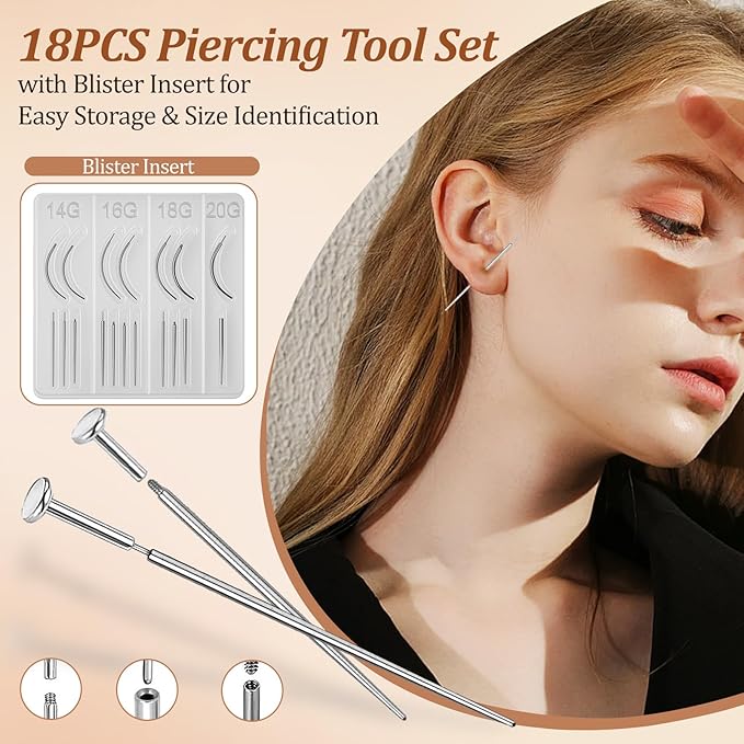 Piercing Taper Tool 18Pcs - 14G, 16G, 18G, 20G, Straight, Curved Needles - Piercing Insertion Tool Set for Nose Studs, Lip Rings, Earring - Changing Tool for Piercings
