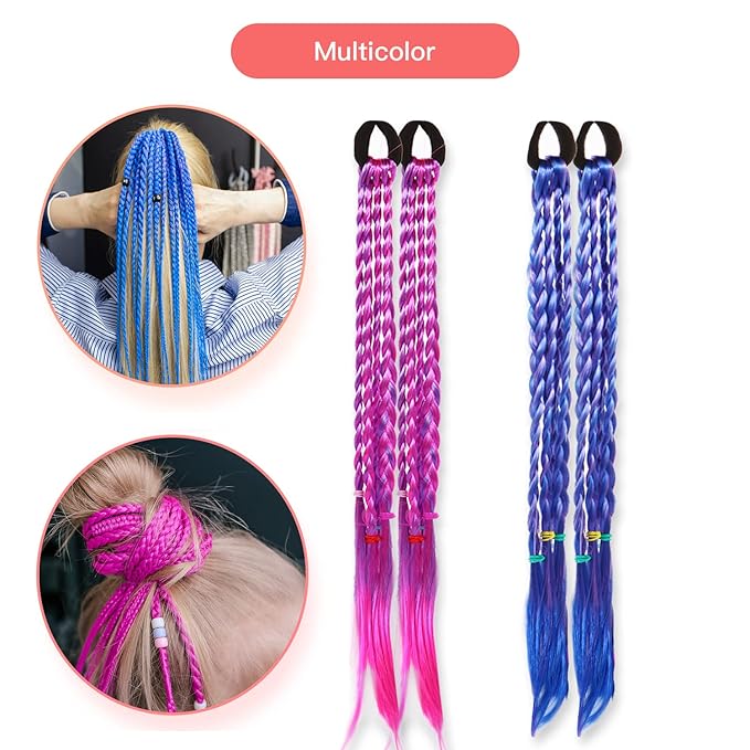 17 Inch Girls Rubber Bands Hair Extensions for Kids Crazy Hair Day Accessories Colorful Wigs Colored Braids for for Women Girls Hair with Rubber Bands Braided Synthetic Hairpieces Ponytail for 12pcs