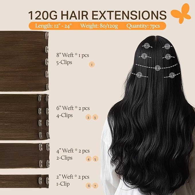 DOORES Human Hair Extensions Clip in Chocolate Brown 120g 7pcs 20 Inch Clip in Hair Extensions Remy Hair Extensions Straight Thick