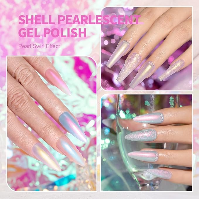 RARJSM Pearl Gel Nail Polish Glitter Pearlescent Shell Gel Polish Pink Beige Pearl Blue Green Purple Shimmer Mermaid Swirl Thread Effect Nailgel Soak Off Curing Requires DIY Manicure Use
