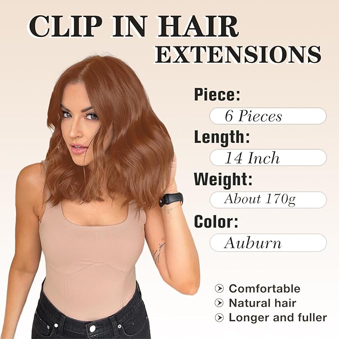 NAYOO Clip in Hair Extensions for Women 14 Inch Short Wavy Curly Auburn Hairpieces Full Head Synthetic Hair Hairpieces(6PCS,Auburn)
