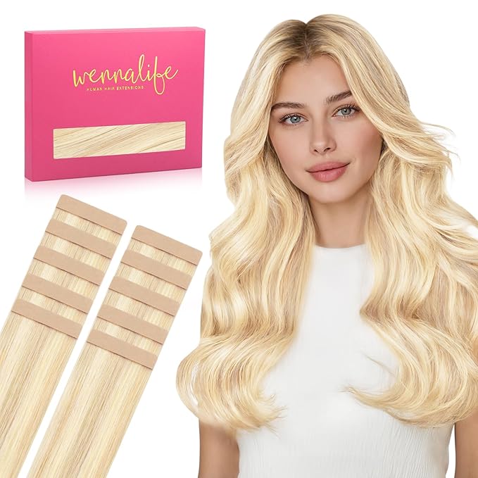 WENNALIFE Tape in Hair Extensions Human Hair Balayage Light Wheat Platinum Blonde Tape in Extensions, 10pcs 30g 26 inch Remy Invisible Tape Ins Straight Colored Soft Real Human Hair Tape in Extensions