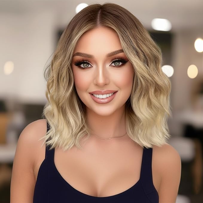 Brown to Blonde Short Wavy Wig for Women Lace Hairline Bob Style Synthetic Heat Resistant - Natural Appearance for Everyday Hairstyle 14 Inch