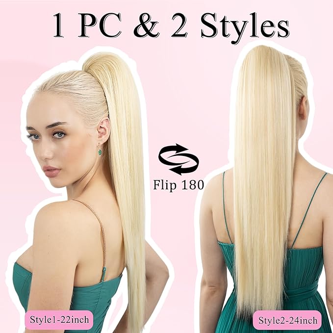 Ponytail Extension, 24" Long Straight Claw Clip Ponytail Extension clip on ponytails hair clip Hair claw clip Fake Ponytail Hairpieces for Women - Ash Blonde with Blonde HL