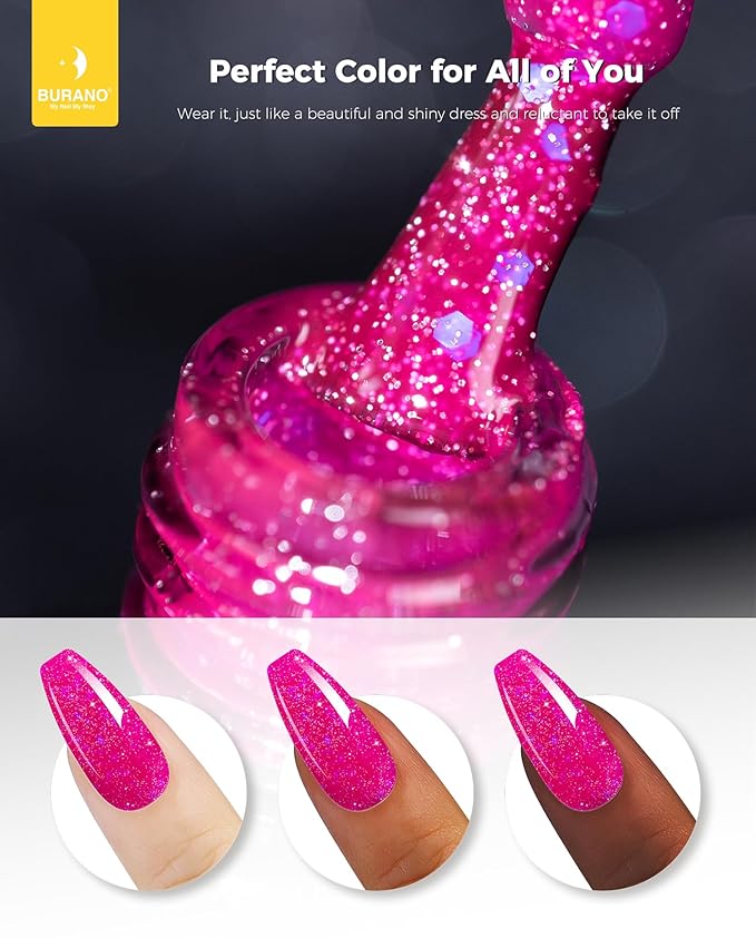 BURANO Glitter Gel Nail Polish - LED UV Curing, Holographic Effect, No Chip Sparkle Gel - Hot Pink (LP14)