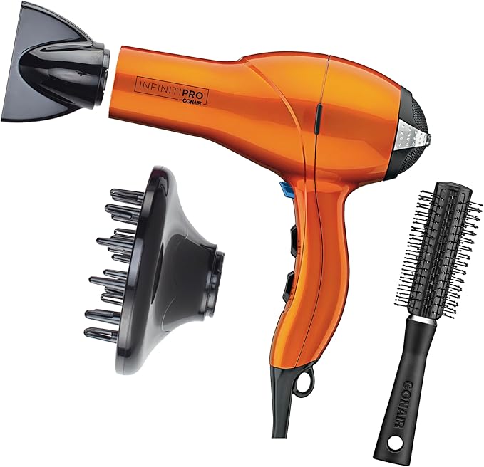 Infiniti PRO CONAIR Hair Dryer with Diffuser, Professional AC Motor, Tourmaline Ceramic Technology Blow Dryer, Includes Concentrator and Blowout Brush, Amazon Exclusive, Orange
