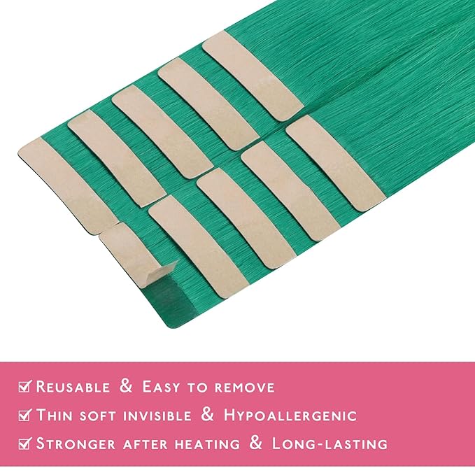 WENNALIFE Tape in Hair Extensions Human Hair Green Tape in Extensions, 10pcs 30g 26 inch Remy Invisible Tape Ins Straight Colored Soft Real Human Hair Tape in Extensions Refill Set Extensions
