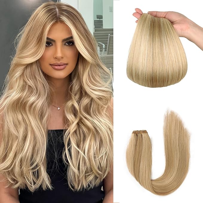 Sew in Hair Extensions Real Human Hair, 110g 22 inch Ash Blonde Highlighted 613 Bleach Blonde Human Hair Weave Extensions Remy Straight Bundles Double Weft