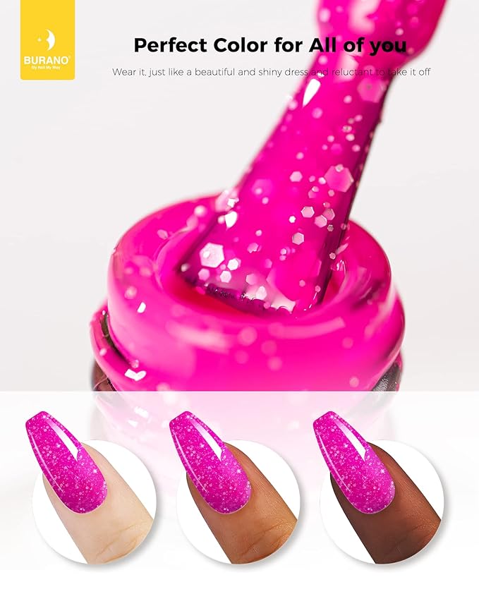 BURANO Glitter Gel Nail Polish, LED UV Nail Gel Shimmer Holographic Effect Soak off Gel Curing Required, No Chip Gel Polish Sparkle Gel Home DIY Nail Salon (Hot pink LP6)