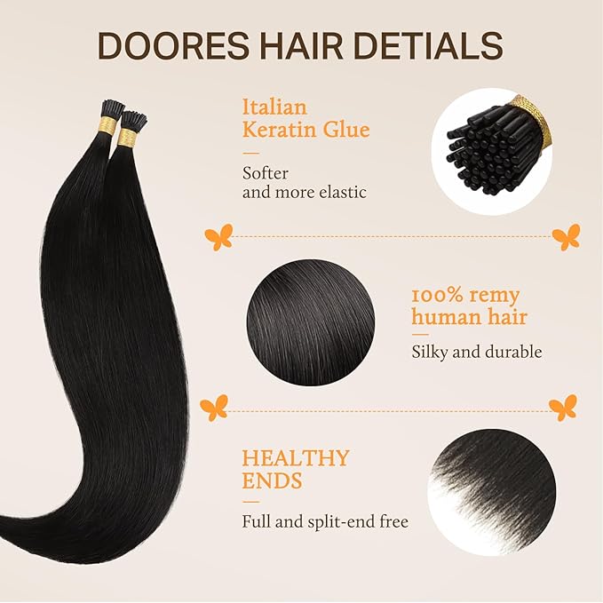 DOORES Itip Human Hair Extensions,16 Inch 100g 200s Itip Human Hair Extensions,Natural Black I Tip Hair Extensions,Cold Fusion Itip Remy Hair Extensions