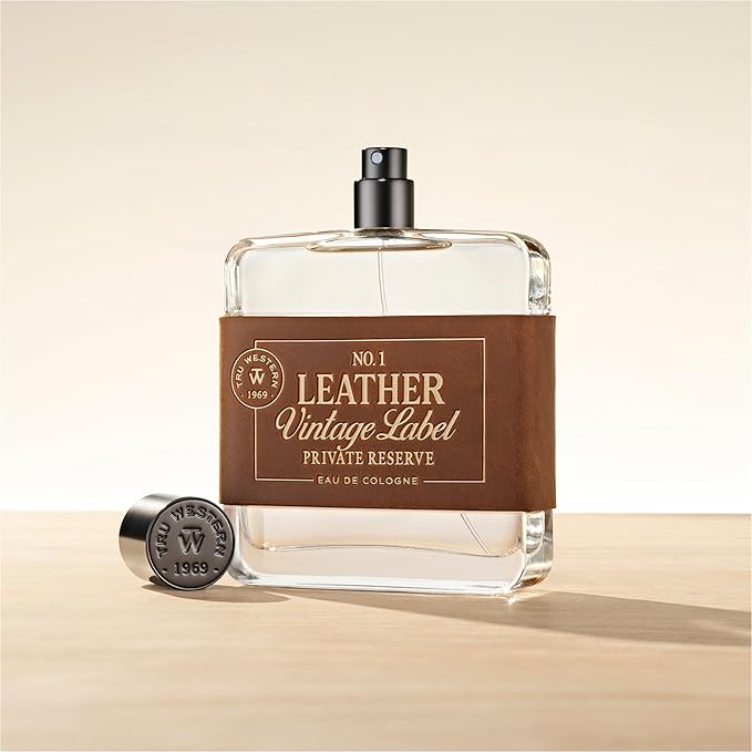 Leather No. 1 by Tru Western, Vintage Label Private Reserve, 3.4 fl oz (100 ml), with Notes of Sun Aged Leather, Cedarwood, Clementine, Masculine, Woodsy, Leathery