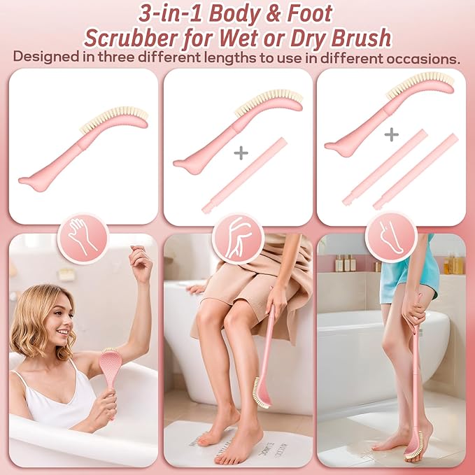 New Foot Brush & Foot Files Set(3PCS), 3-in-1 Foot Scrubber with Long Handle, 10.2’’-27.5’’Adjustable Foot Scrub Brush and 2 Upgrade Foot File Callus Remover, Gift-Box Packed(Pink+2*Foot File)