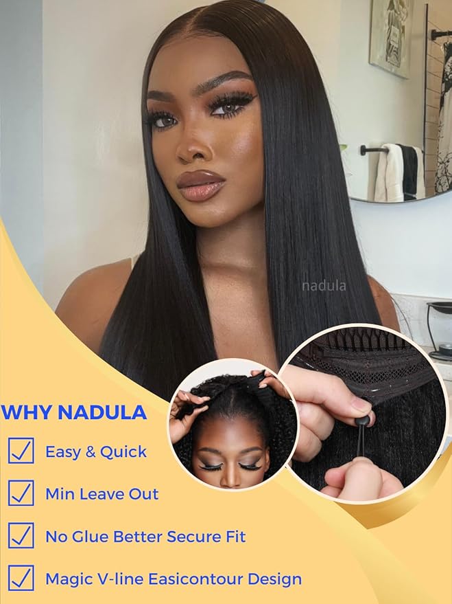 Nadula EasiContour V Part Yaki Straight Human Hair No Leave Out Clip in V-part Wig,12A Glueless Upgrade U Part Light Kinky Straight Human Hair Wig 180% Density with Elastic Drawstring 16inch