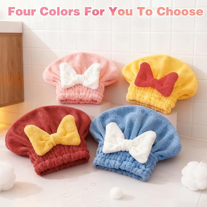 Microfiber Hair Drying Caps, Christmas Absorbent Hair Towel Wrap for Women Wet Hair Quick-Drying Hair Towels, Soft Bow Tie Wet Hair Towel Wrap for Party Favors Goody Bag Filler (Red+Yellow)