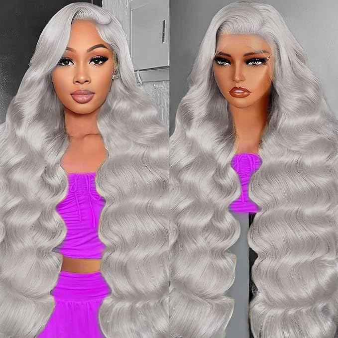 Grey 13x6 Lace Front Wigs Human Hair 200 Density HD Body Wave Lace Front Wigs Human Hair Pre Plucked Pre Cut Lace Frontal Wig 13x6 Body Wave Wig for Women 26 Inch