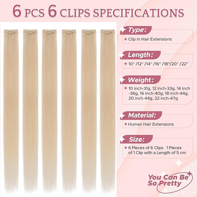 Clip in Hair Extensions Real Human Hair for Women, 18 Inch 40g 6pcs, Platium Blonde, Straight - Highlight, Add Volume and Length for Daily Wear, Parties, Weddings