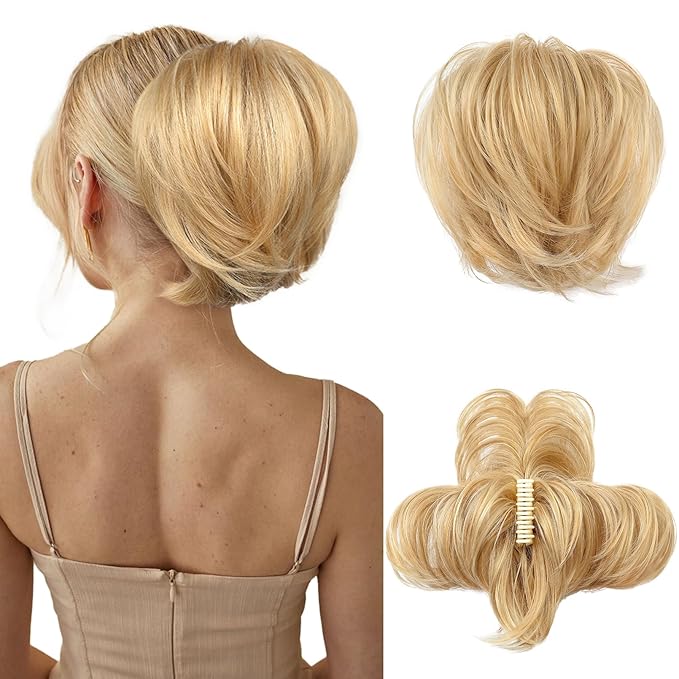 HOOJIH Ponytail Extension, Claw Clip in Straight Messy Hair Bun 9 Inch Short Ponytail Extension with Bendable Metal Wire Hair Pieces for Women Fake Hair Bun DIY Styles - Honey Blonde