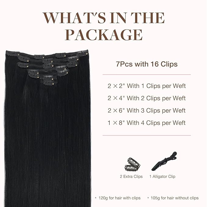 GOO GOO Clip in Hair Extensions Real Human Hair, Remy Human Hair Extensions Clip ins for Women, Natural Human Hair, 16inch 120g 7Pcs, 1 Jet black